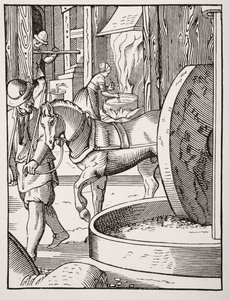 Manufacture of Oil, after a 16th century illustration drawn and engraved by Jost Amman from 
